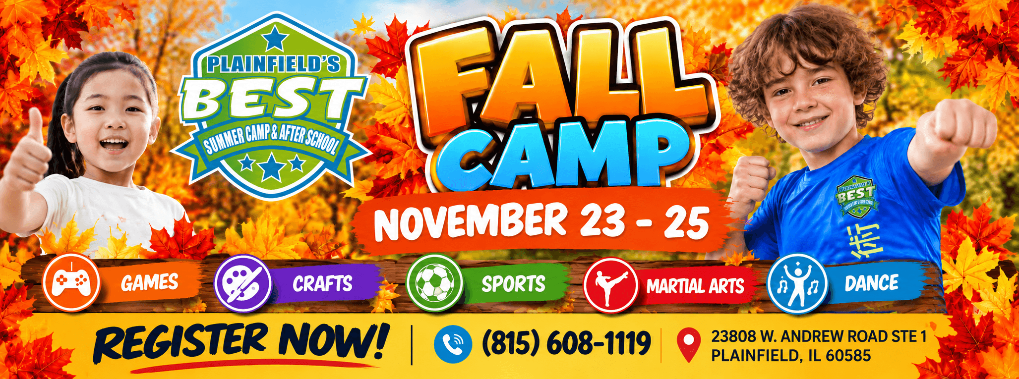 Fall Camp, November 23–25. Register now for games, crafts, sports, martial arts, and dance.